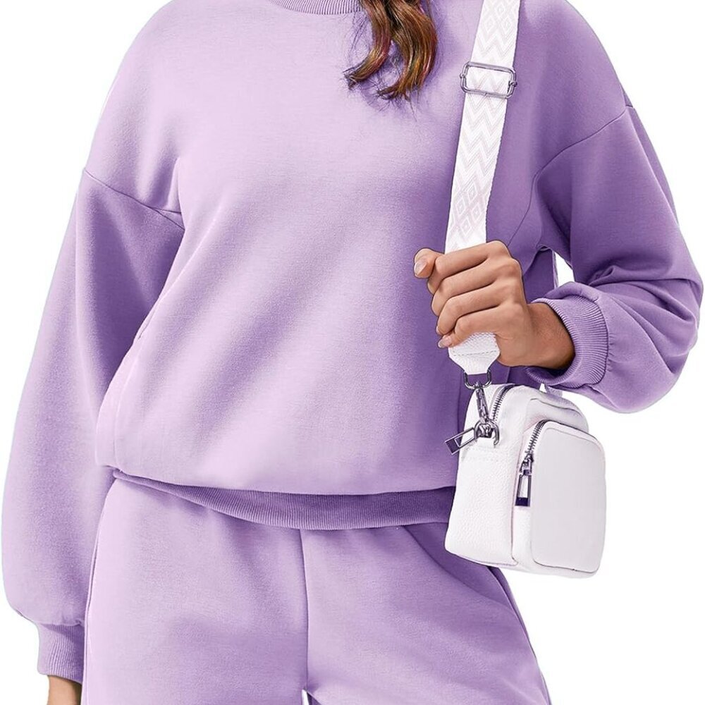 Two Piece Sweat Set Women Casual Lounge Travel Shorts Sweatshirt 4 Pockets